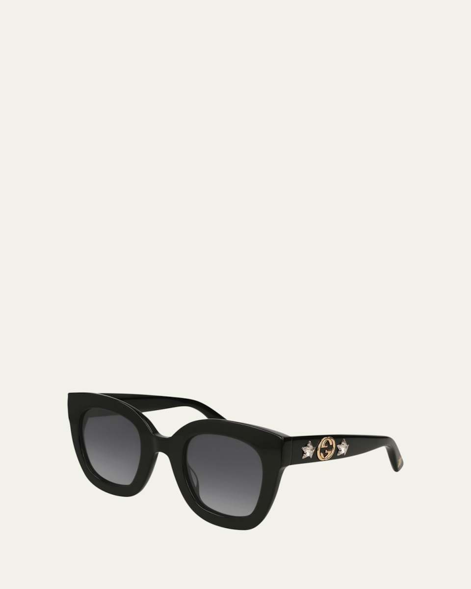 Rectangle Acetate GG Sunglasses w/ Crystal Stars, Brown Pattern